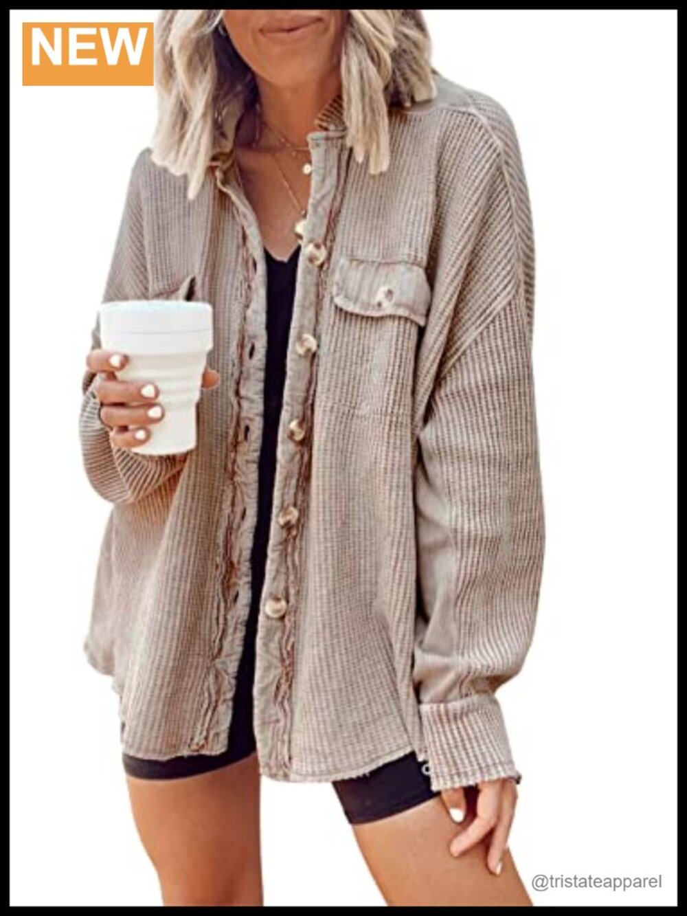 Waffle Knit Button Down Shacket Batwing Sleeve Oversized Loose Fit Top
